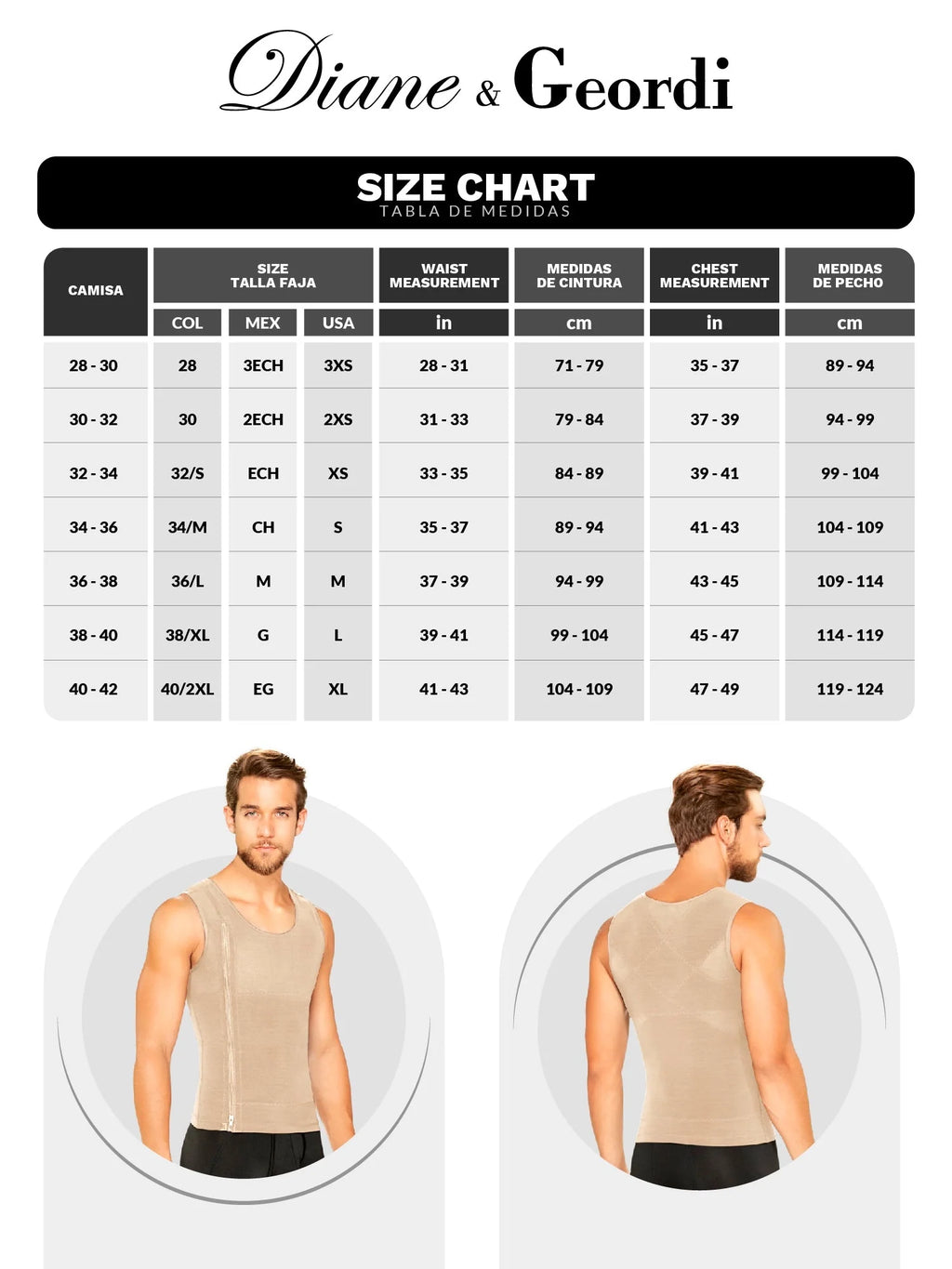 Diane & Geordi DAG-2415 beige men's compression vest with front zipper, Colombian shapewear body shaper front and back view