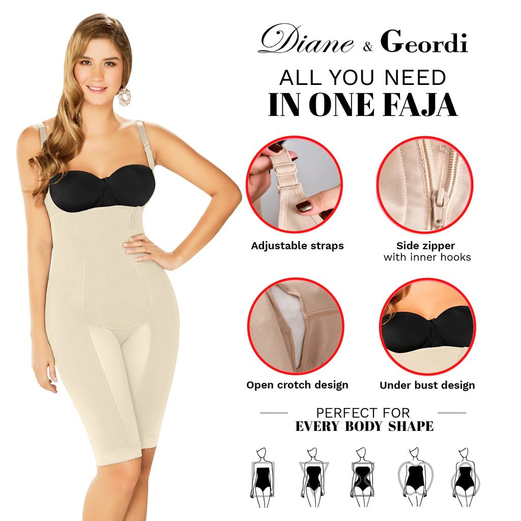 Diane & Geordi DAG-2393 beige full-body Colombian shapewear faja with adjustable straps and open crotch design front view