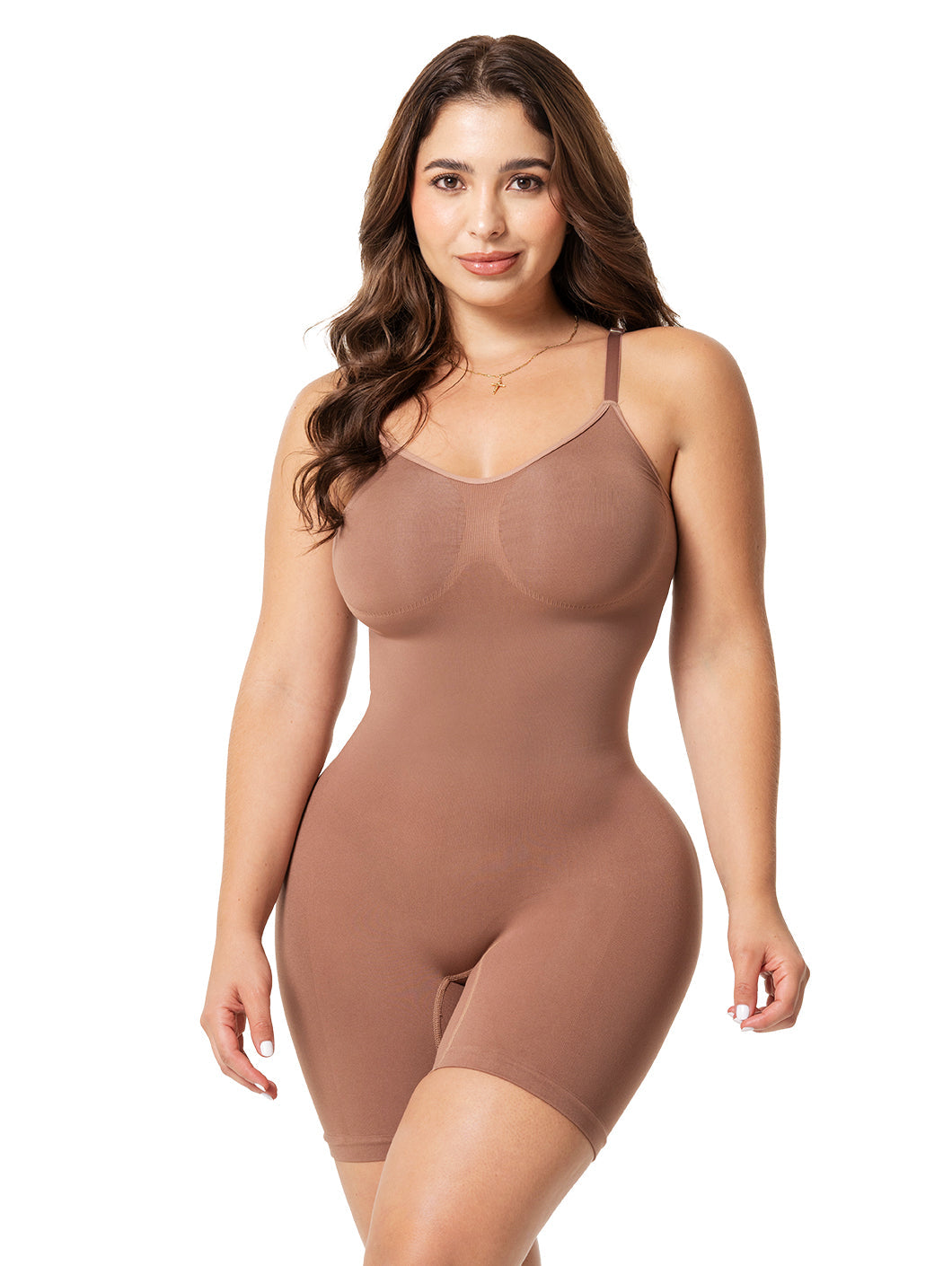 Fajas Salome 7002 caramel full-body Colombian shapewear bodysuit with built-in bra and mid-thigh compression, daily body shap