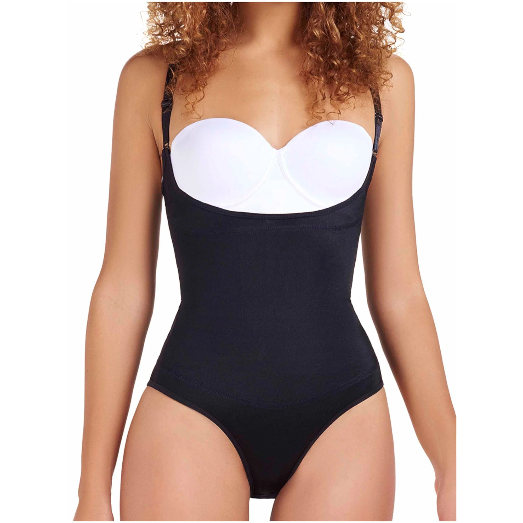 DEZY DEZYBI017 black open-bust thong bodysuit Colombian shapewear with white bra cup insert front view women