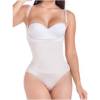 DEZY DEZYBI018 nude open-bust thong bodysuit with adjustable straps, seamless Colombian shapewear body shaper front view