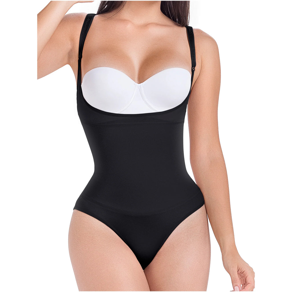 DEZY DEZYBI018 black seamless thong bodysuit open-bust Colombian shapewear with adjustable straps front view