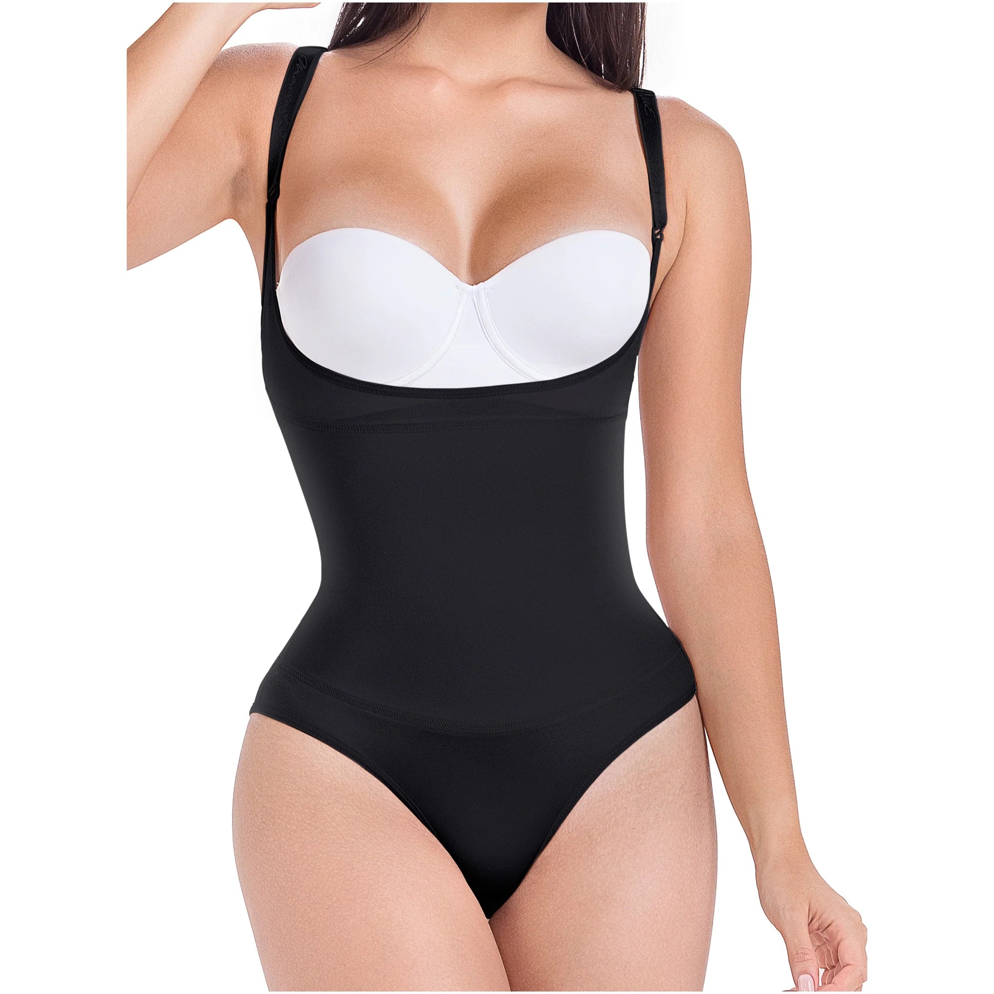 DEZY DEZYBI018 black seamless thong bodysuit open-bust Colombian shapewear with adjustable straps front view