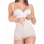 DEZY DEZYBI109 beige high-waist faja colombiana with front zipper and lace trim, Colombian shapewear boyshort for daily use