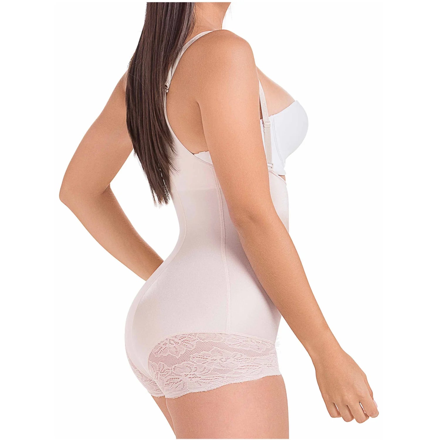 DEZY DEZYBI109 beige seamless body shaper with lace trim and open-bust design, Colombian shapewear side view for women