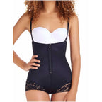 DEZY DEZYBI109 black open-bust body shaper with front zipper and lace trim, Colombian shapewear bodysuit front view