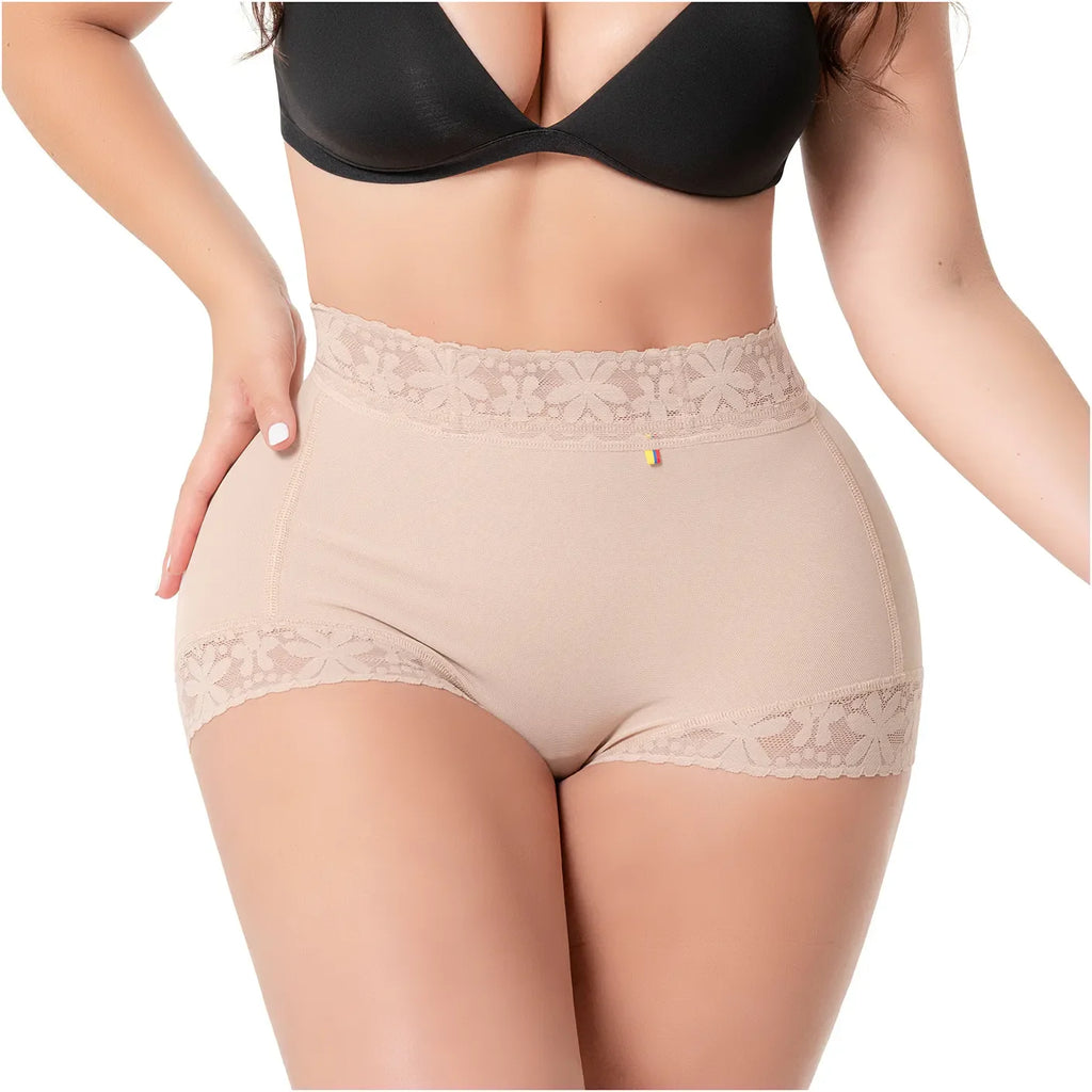 Fajas Salome TC06L5 beige high-waist shaper shorts with lace trim, Colombian shapewear body shaper front view
