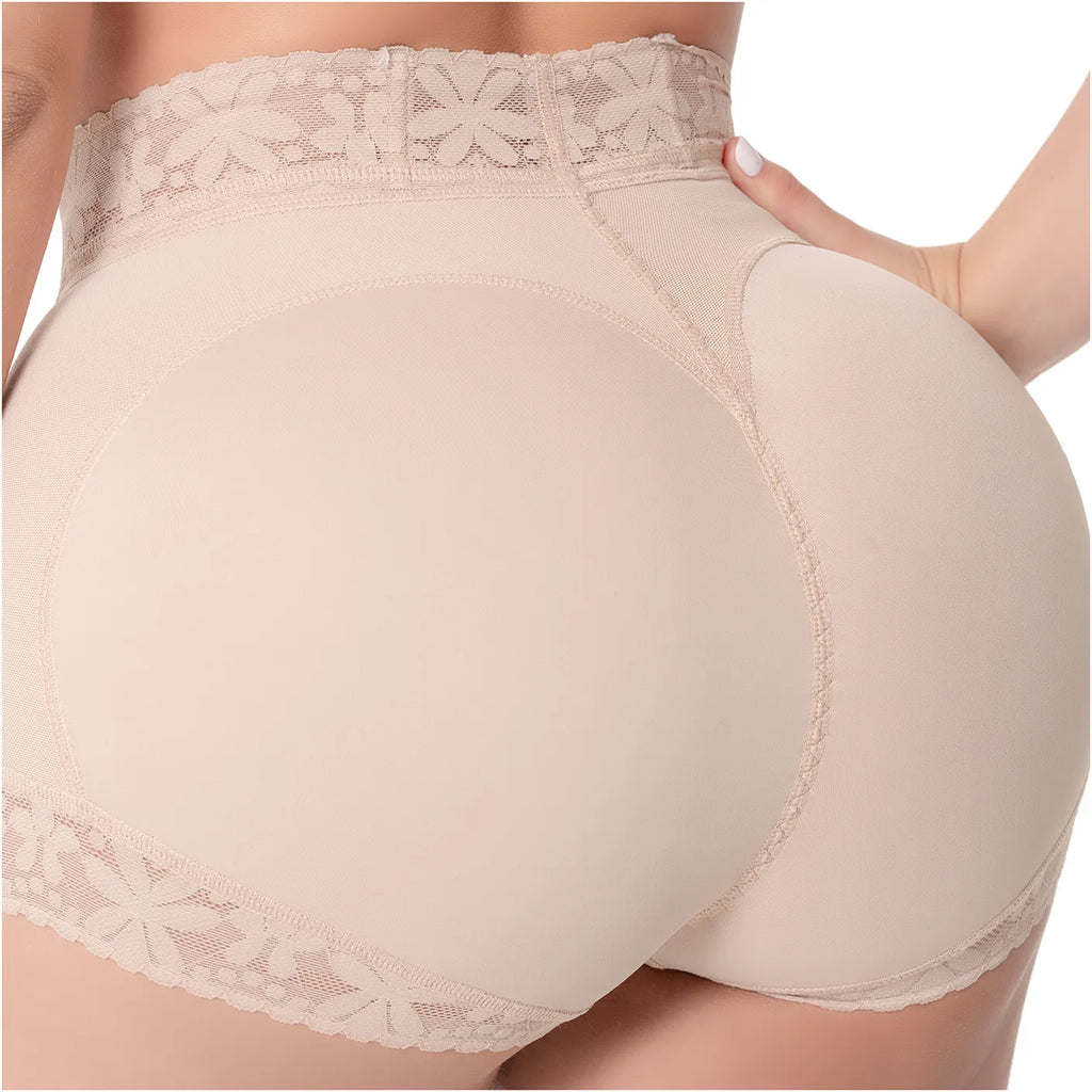 Fajas Salome TC06L5 beige butt-lifting shaper shorts with lace waistband, Colombian shapewear body shaper back view