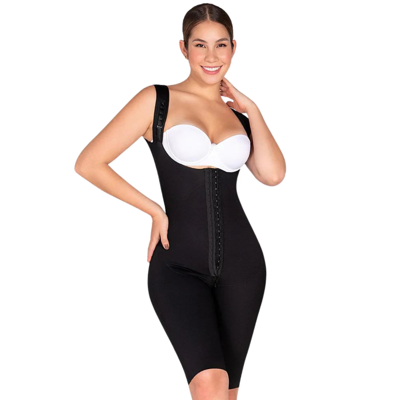 Fajas MyD MYDF0879 black full-body post-surgery faja with hook closure and straps, Colombian shapewear front view