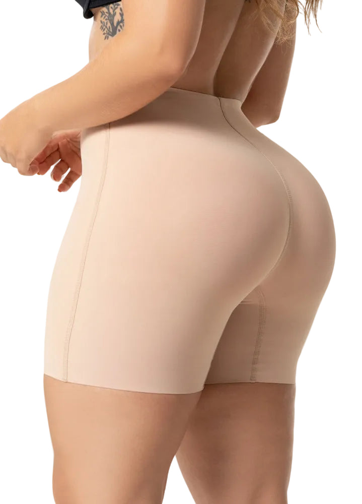 Fajas Salome 2410 beige shaper shorts back view, high-waist Colombian shapewear butt-lifting compression garment for women