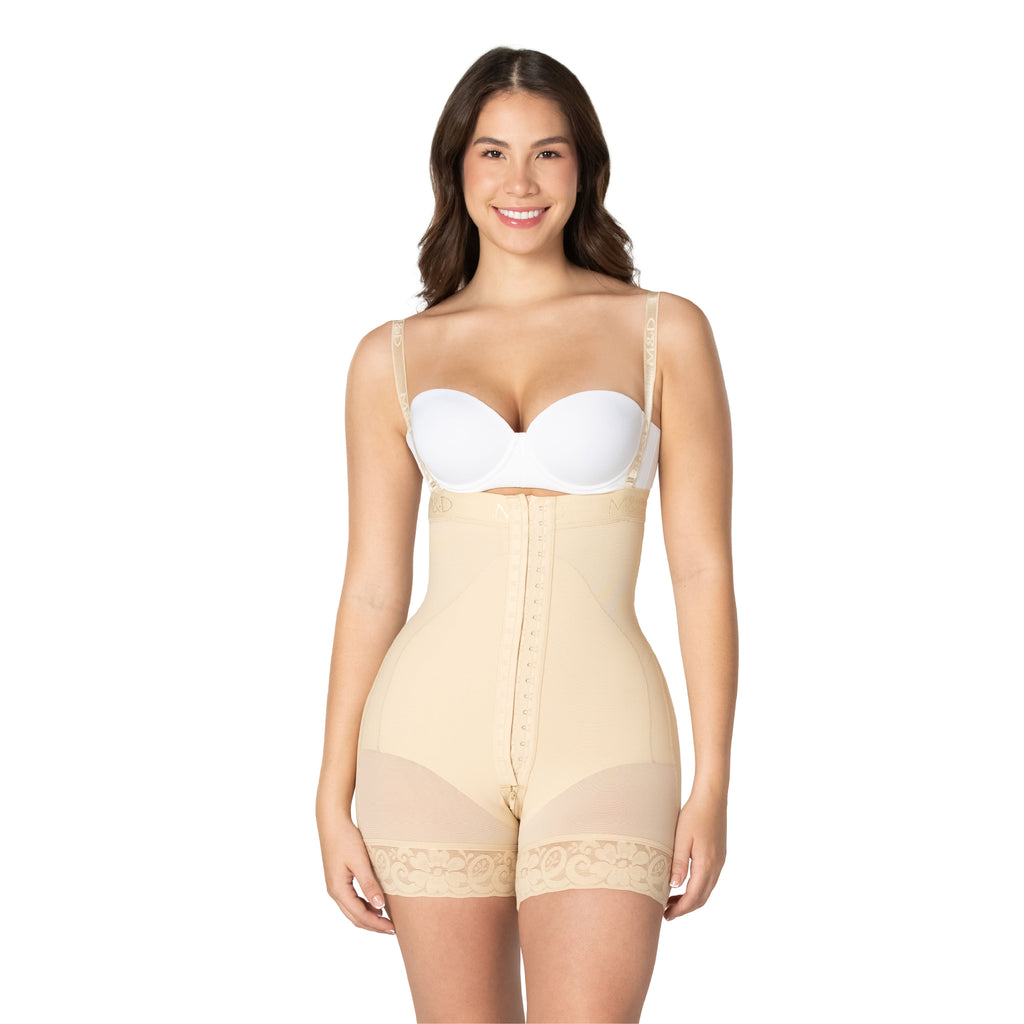 Fajas MyD 0466 beige post-surgery faja with hook closure and lace trim, Colombian shapewear boyshort front view