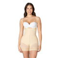 Fajas MyD 0466 beige post-surgery faja with hook closure and lace trim, Colombian shapewear boyshort front view