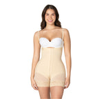 Fajas MyD 0466 beige post-surgery faja with hook closure and lace trim, Colombian shapewear boyshort front view