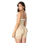 Fajas MyD 0466 beige post-surgery faja colombiana with lace trim, open-bust Colombian shapewear bodysuit back view
