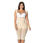 Fajas MyD F0047 beige full-body post-surgery faja with hook closure and knee-length cut, Colombian shapewear front view