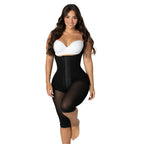 Fajas MyD F0047 black post-surgery faja with hook closure and knee-length cut, Colombian shapewear compression garment front 