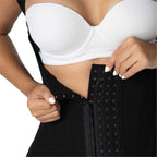 Fajas MyD F0047 black post-surgery faja with hook-and-eye closure detail, Colombian shapewear compression garment front lifes