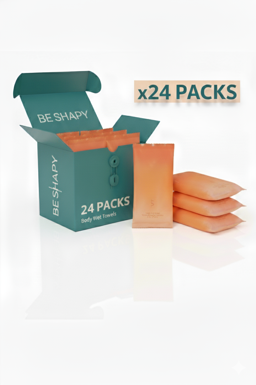 BE SHAPY body wet towels 24 packs teal box with orange pouches, shapewear accessories for faja colombiana care