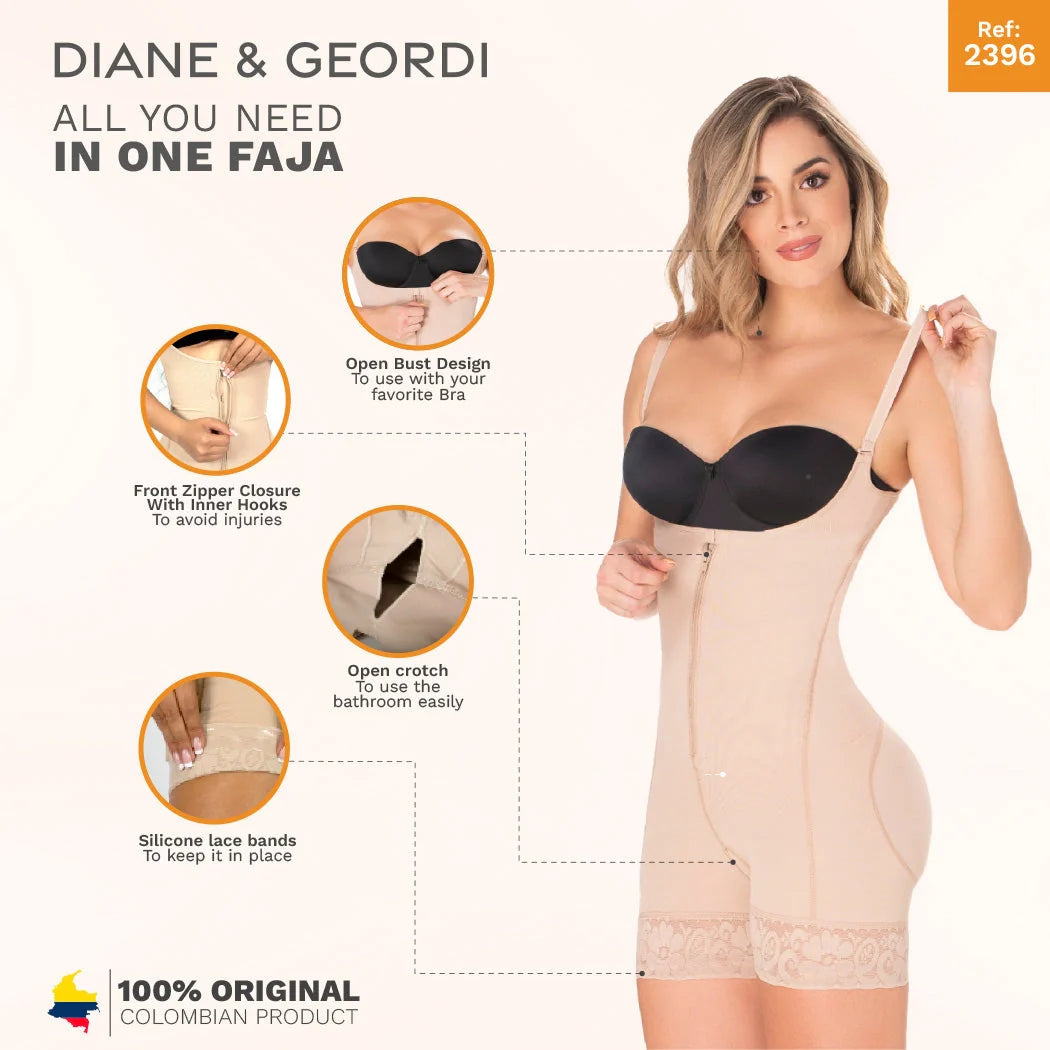 Diane & Geordi 2396 beige open-bust full-body faja colombiana with front zipper, Colombian shapewear bodysuit for daily use