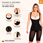 Diane & Geordi 2397 black full-body Colombian shapewear faja with front zipper, open bust, and knee-length design