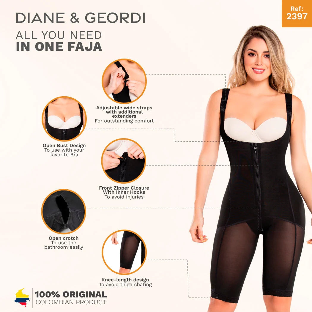 Diane & Geordi 2397 black full-body Colombian shapewear faja with front zipper, open bust, and knee-length design
