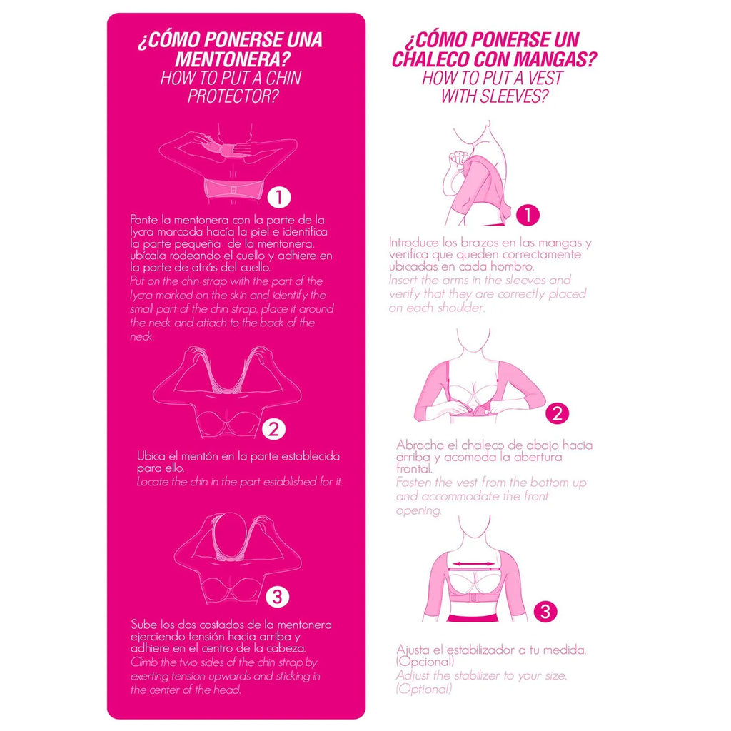 Fajas MyD MYD0004 pink post-surgery faja instruction guide showing chin strap and compression vest Colombian shapewear usage 