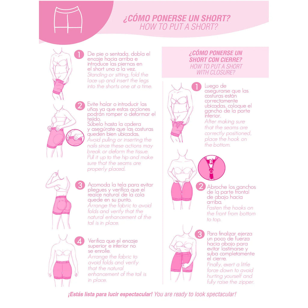 Fajas MyD MYD0327 pink how-to guide Colombian shapewear shorts post-surgery faja with zipper closure instructions
