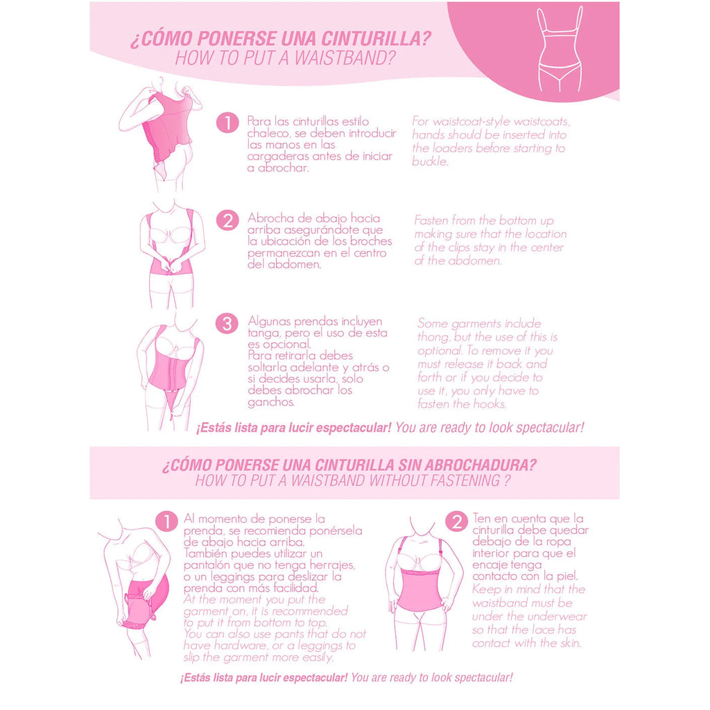 Fajas MyD MYD0036 pink how-to guide Colombian shapewear waistband fastening steps post-surgery faja instructions front view