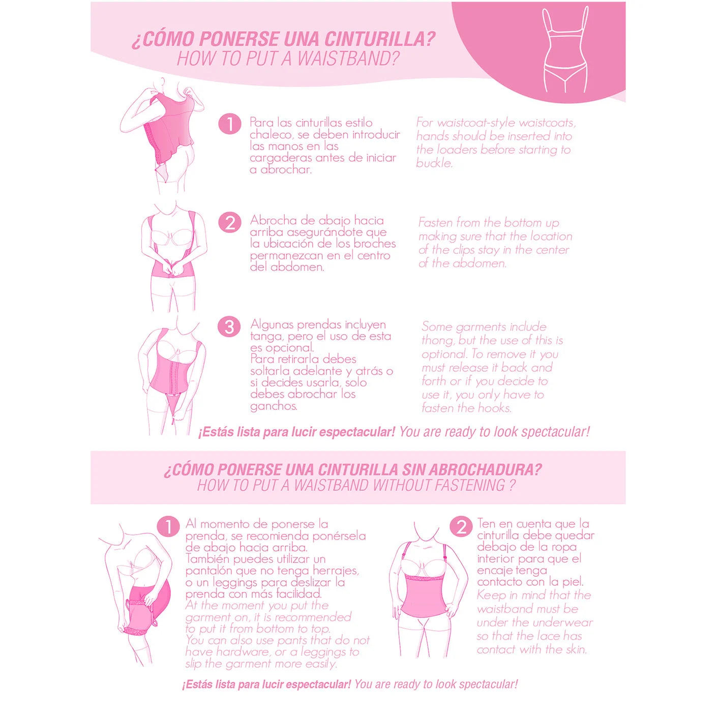 Fajas MyD MYD0036 pink how-to guide Colombian shapewear waistband fastening steps post-surgery faja instructions front view