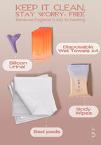BE SHAPY hygiene recovery kit with silicon urinal, disposable wet towels, body wipes, and bed pads for post-surgery faja care
