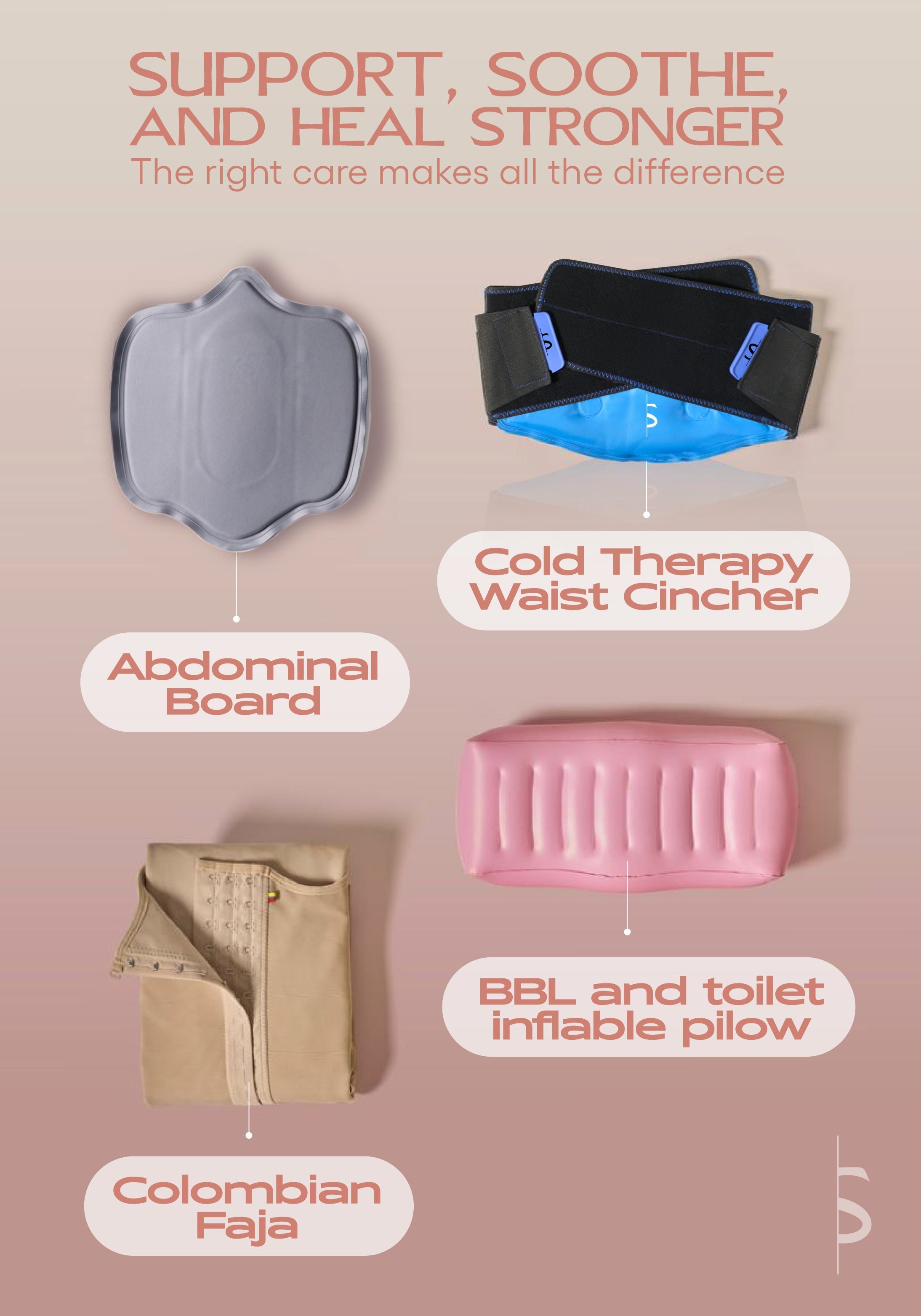 Be Shapy post-surgery full kit with Colombian faja, abdominal board, cold therapy waist cincher, and BBL inflatable pillow