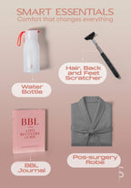 Be Shapy post-surgery recovery essentials kit with BBL journal robe scratcher and water bottle for faja colombiana recovery