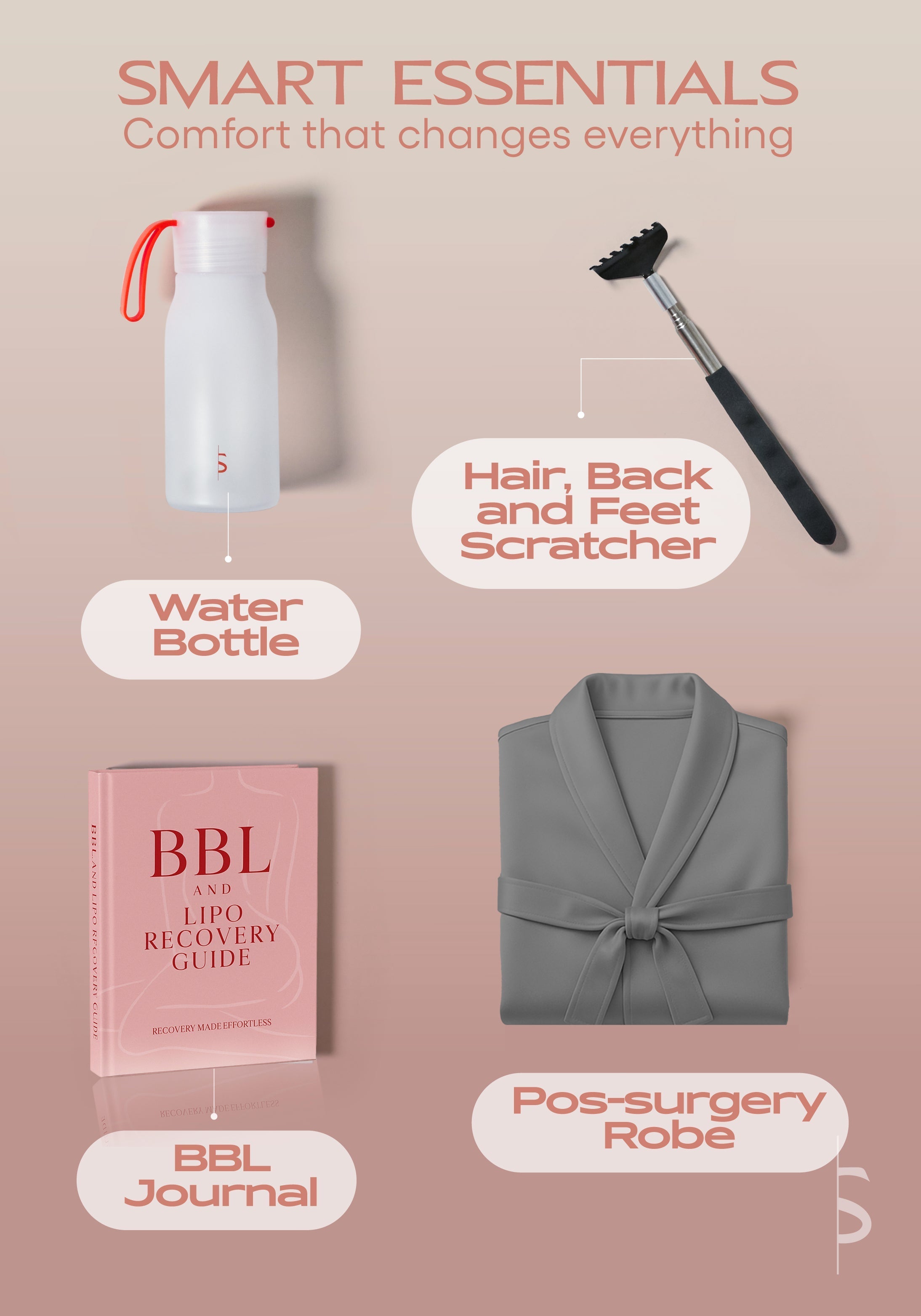 Be Shapy post-surgery recovery essentials kit with BBL journal robe scratcher and water bottle for faja colombiana recovery