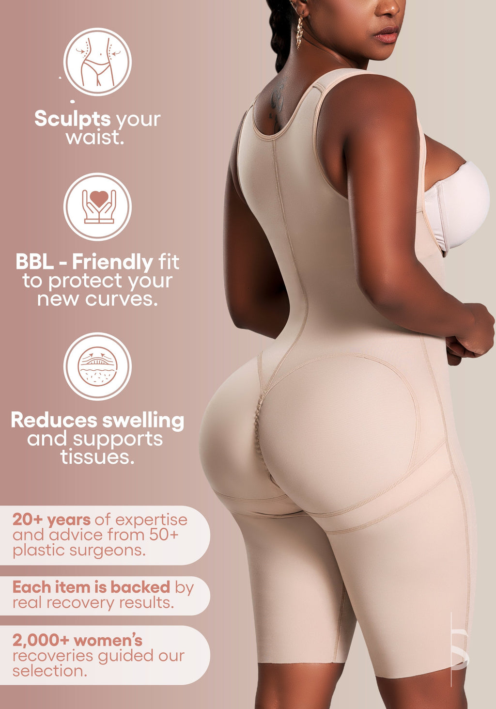 Be Shapy nude BBL-friendly Colombian faja bodysuit with open-butt design, post-surgery compression garment back view