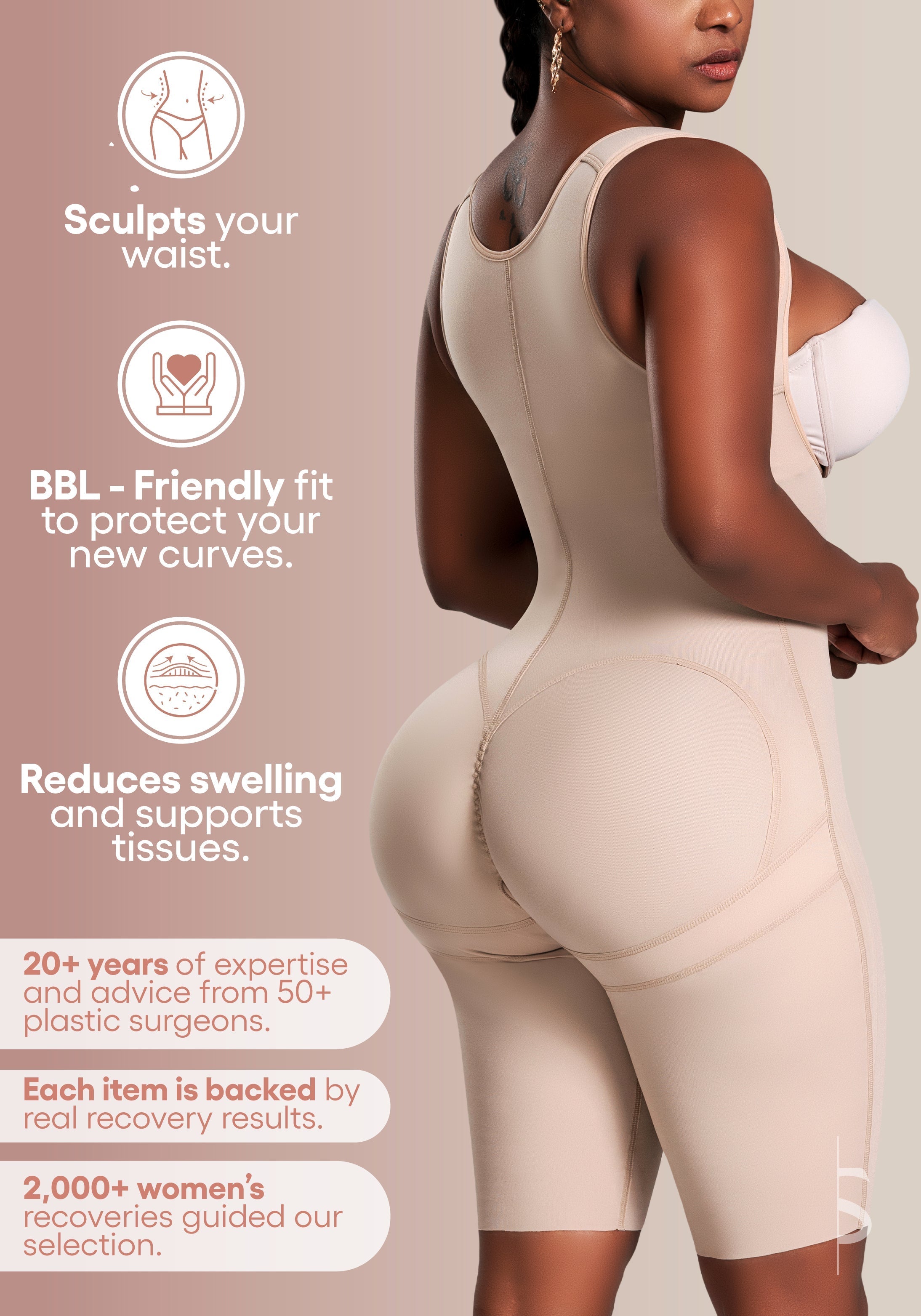 Be Shapy nude BBL-friendly Colombian faja bodysuit with open-butt design, post-surgery compression garment back view