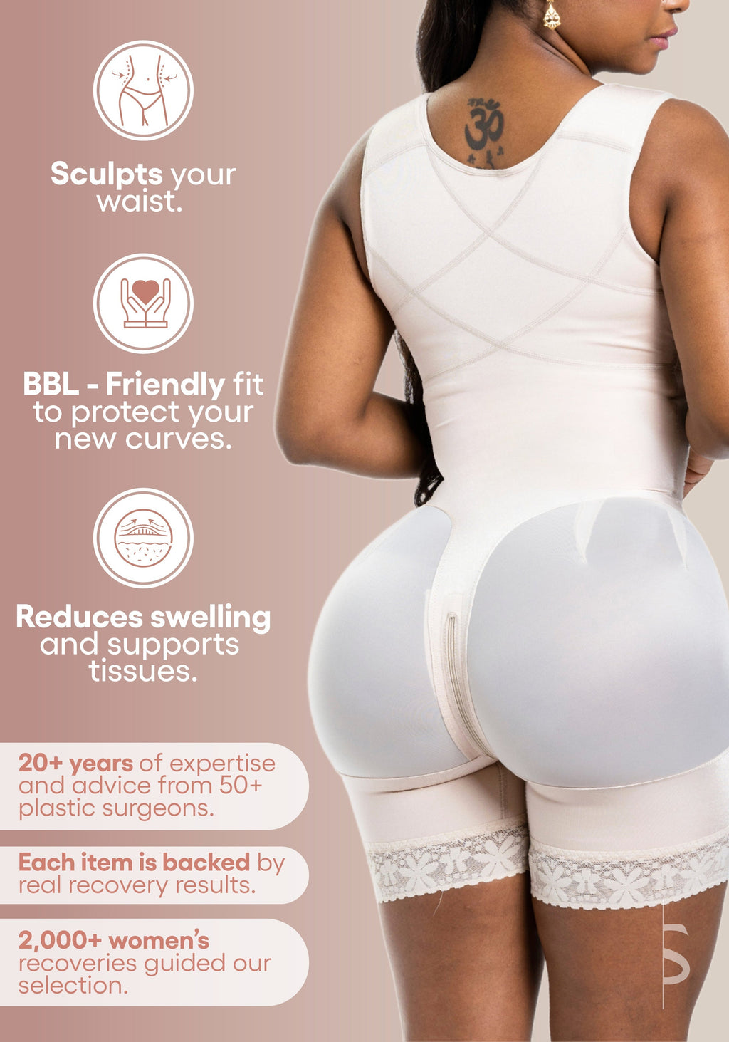 BE SHAPY SON nude BBL-friendly Colombian post-surgery faja bodysuit with open-butt design, compression garment back view