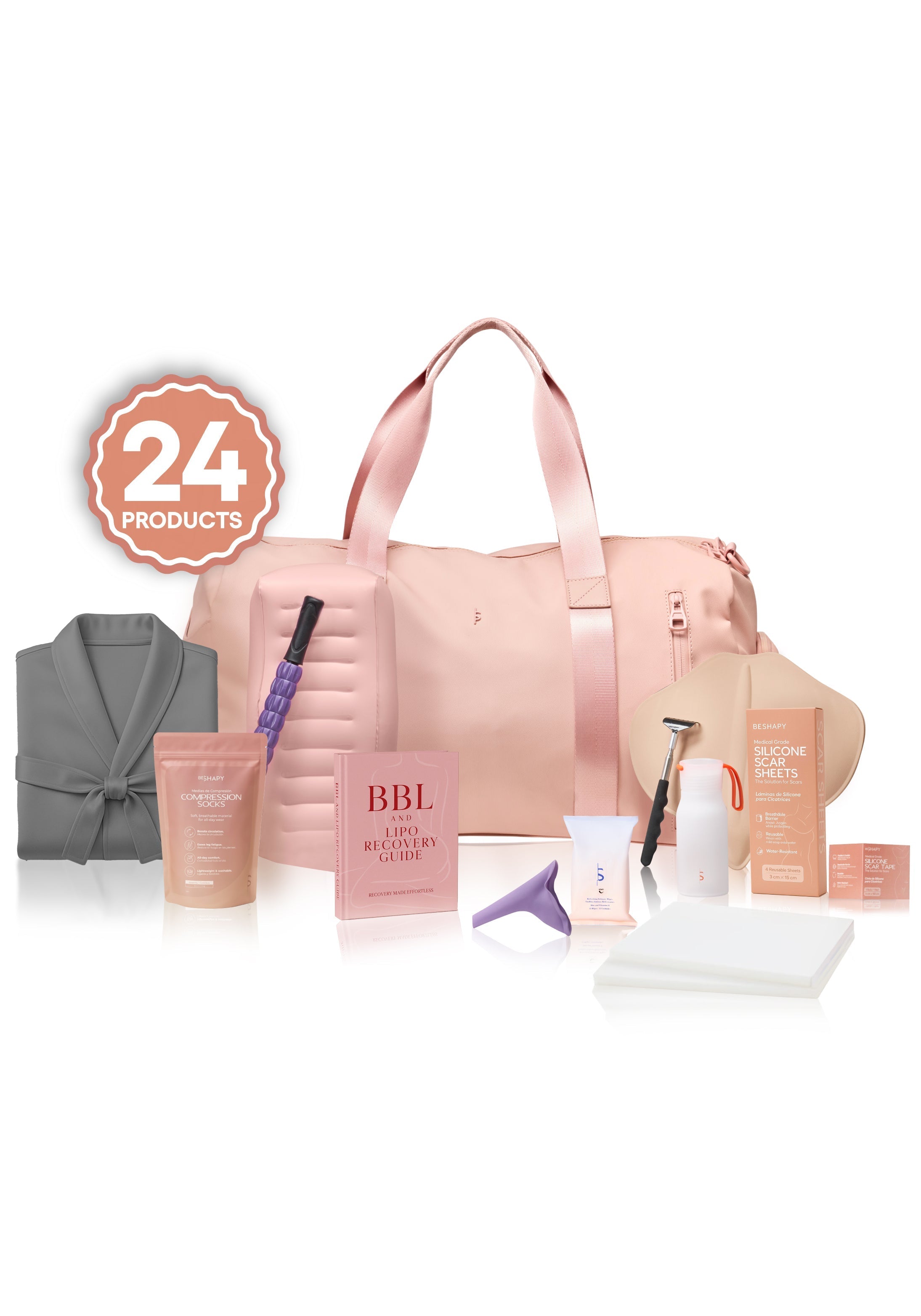 Be Shapy BBL recovery fullkit 24 products pink duffle bag post-surgery faja Colombian shapewear accessories set