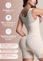 BE SHAPY nude BBL-friendly full body shaper back view, Colombian post-surgery faja with lace trim compression garment