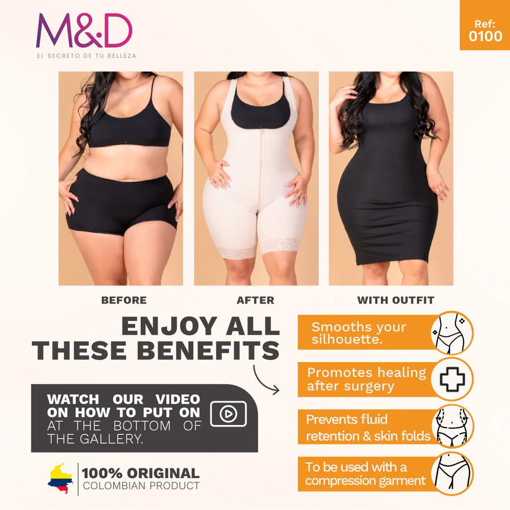 Fajas MyD 0100 beige Colombian shapewear faja before and after front view, post-surgery compression garment with outfit