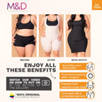 Fajas MyD 0100 beige Colombian shapewear faja before and after front view, post-surgery compression garment with outfit