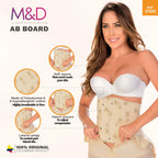 Fajas MyD 0100 beige AB board Colombian compression garment with velcro closure and lateral wings, front lifestyle view