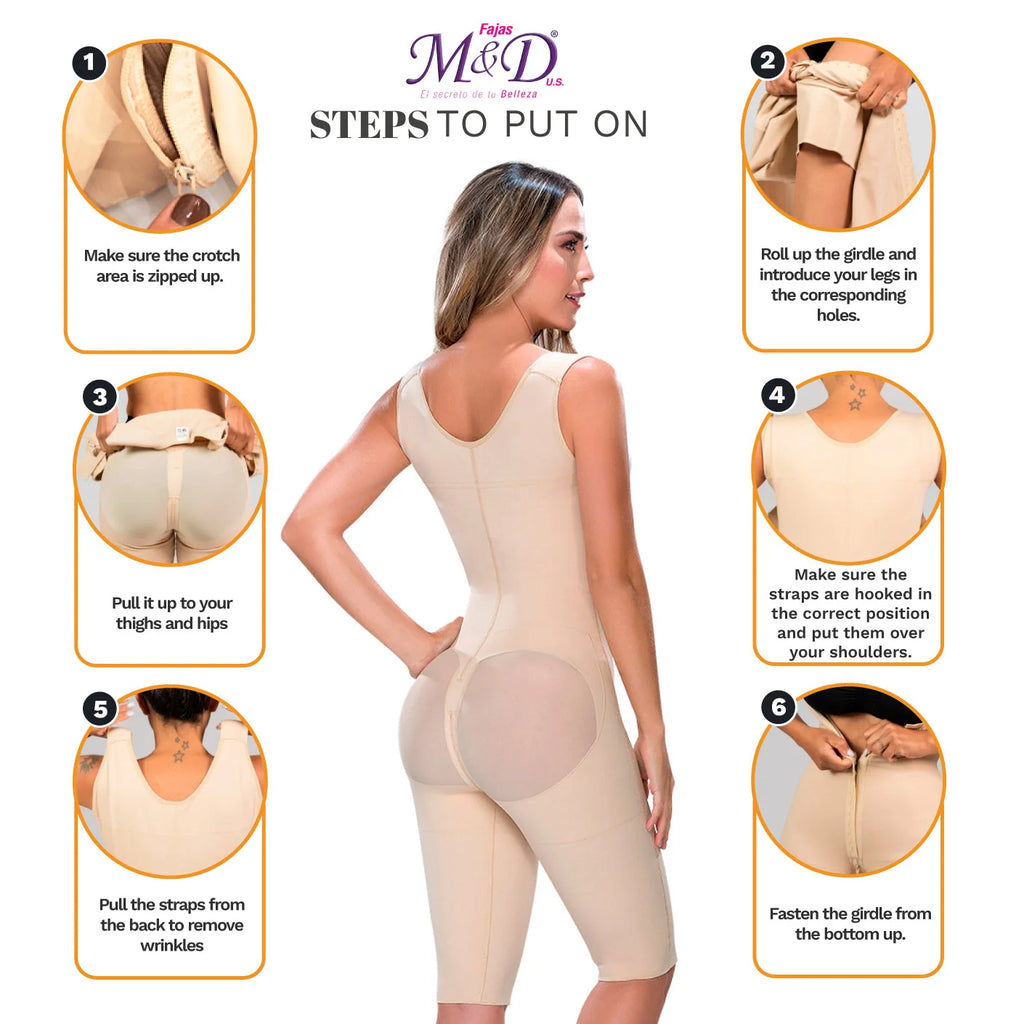 Fajas MYD MYDF0879 beige full-body post-surgery faja with step-by-step guide, Colombian shapewear compression garment back vi