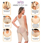 Fajas MYD MYDF0879 beige full-body post-surgery faja with step-by-step guide, Colombian shapewear compression garment back vi