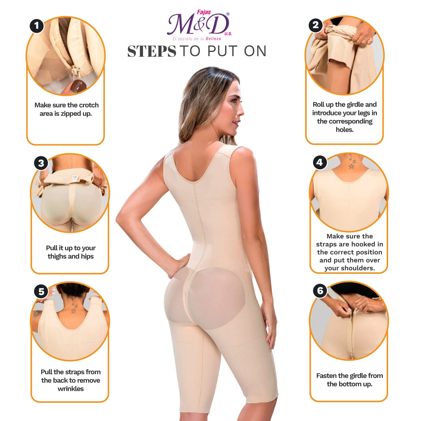Fajas MYD MYDF0879 beige full-body post-surgery faja with step-by-step guide, Colombian shapewear compression garment back vi