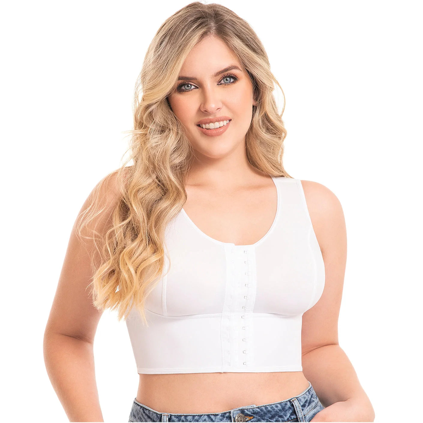 Fajas MyD MYDB019 white front-closure compression bra top, Colombian shapewear for plus size women daily support