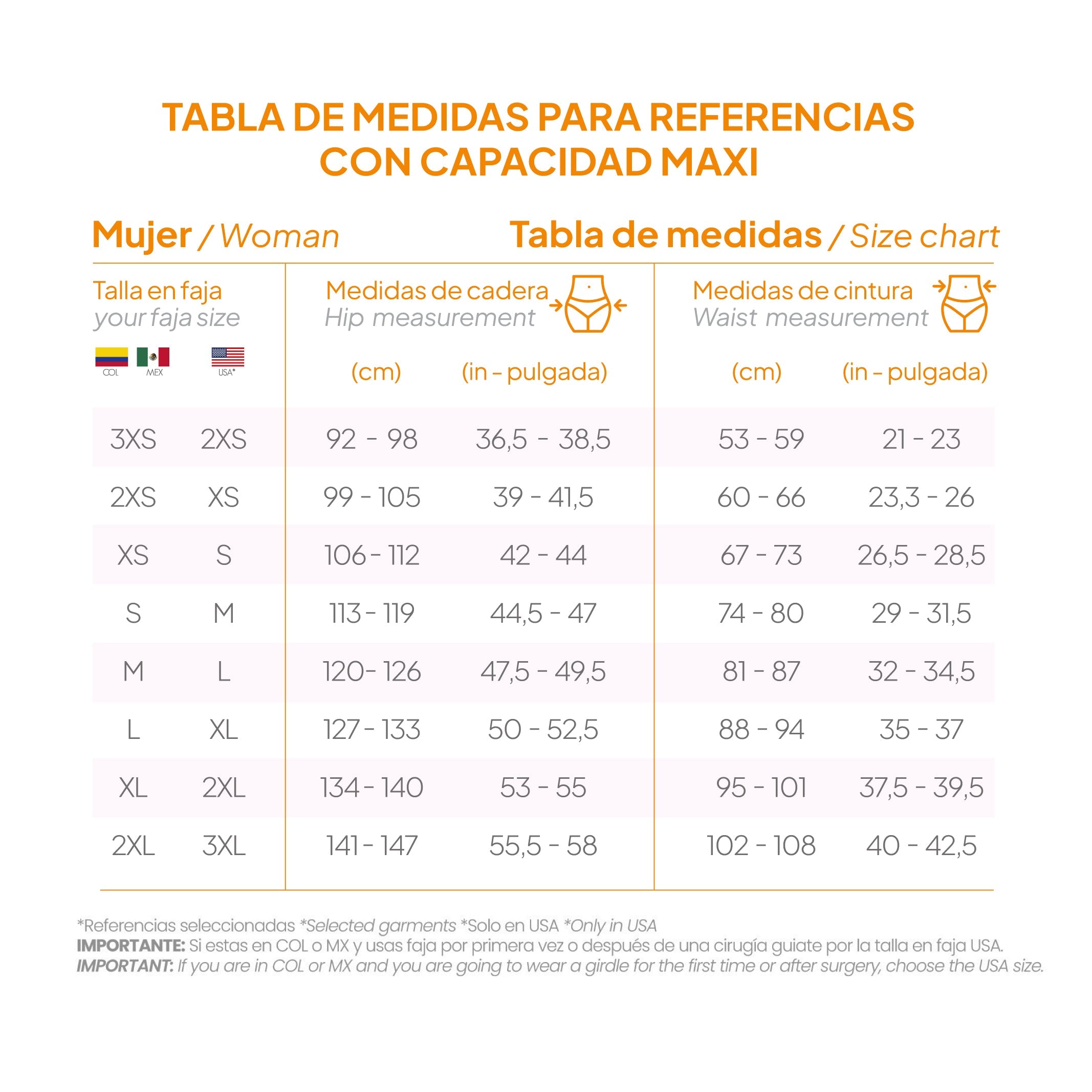 Fajas MyD MYDF0463 size chart for maxi capacity Colombian shapewear post-surgery faja colombiana women's sizing guide