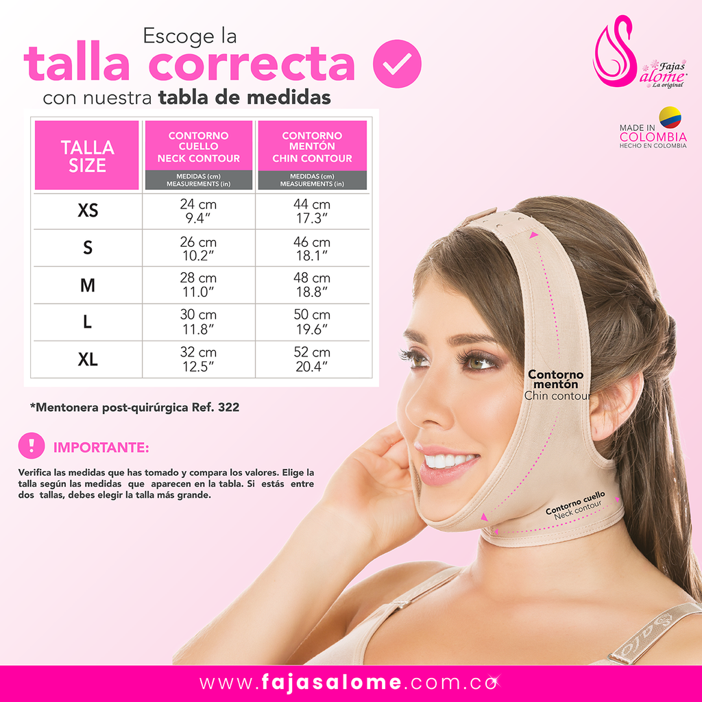 Fajas Salome 322 beige post-surgery chin compression garment size chart, Colombian shapewear face slimmer lifestyle view