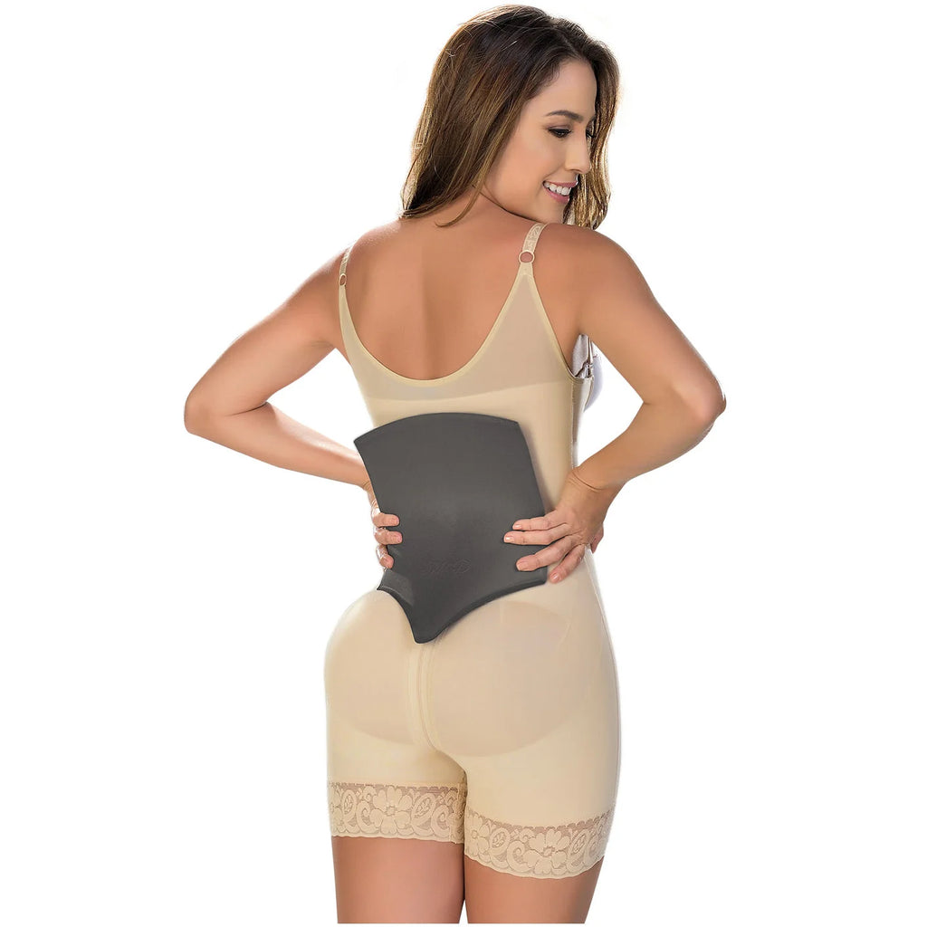 Fajas MyD MYDMLE9003 beige full-body post-surgery faja with dark waist panel, Colombian shapewear back view with lace trim