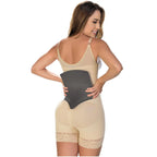 Fajas MyD MYDMLE9003 beige full-body post-surgery faja with dark waist panel, Colombian shapewear back view with lace trim