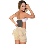 Fajas MyD MYDMLE9003 beige post-surgery faja colombiana with lace trim and waist panel, back view Colombian shapewear shorts